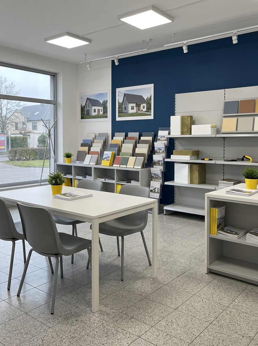 Intérieur du showroom Moyse 3D de Besançon avec échantillons d'enduits et de bardages
